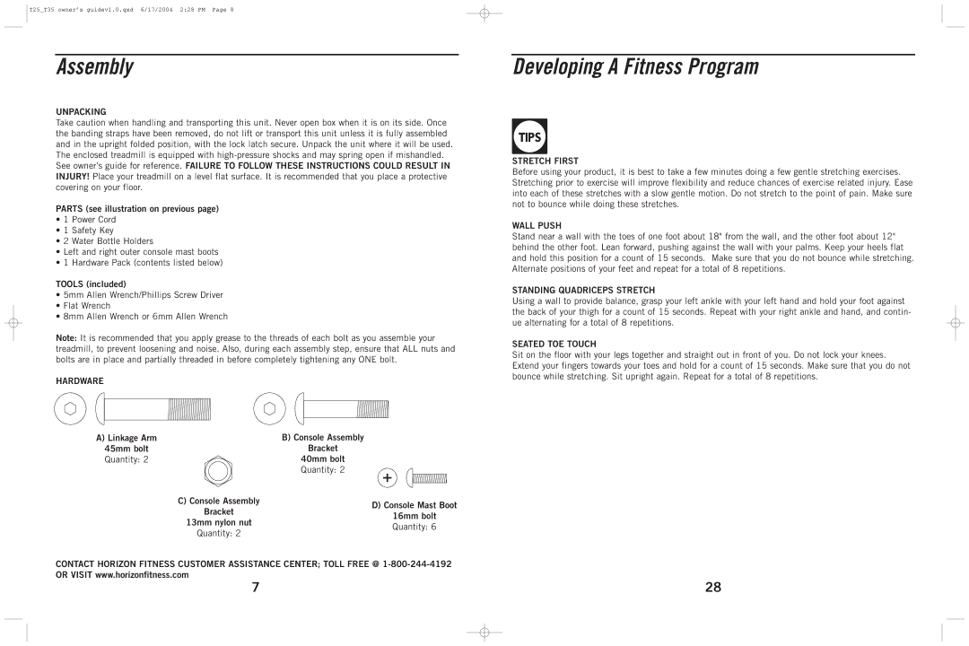 Horizon Fitness T35, T25 manual Assembly, Developing a Fitness Program 