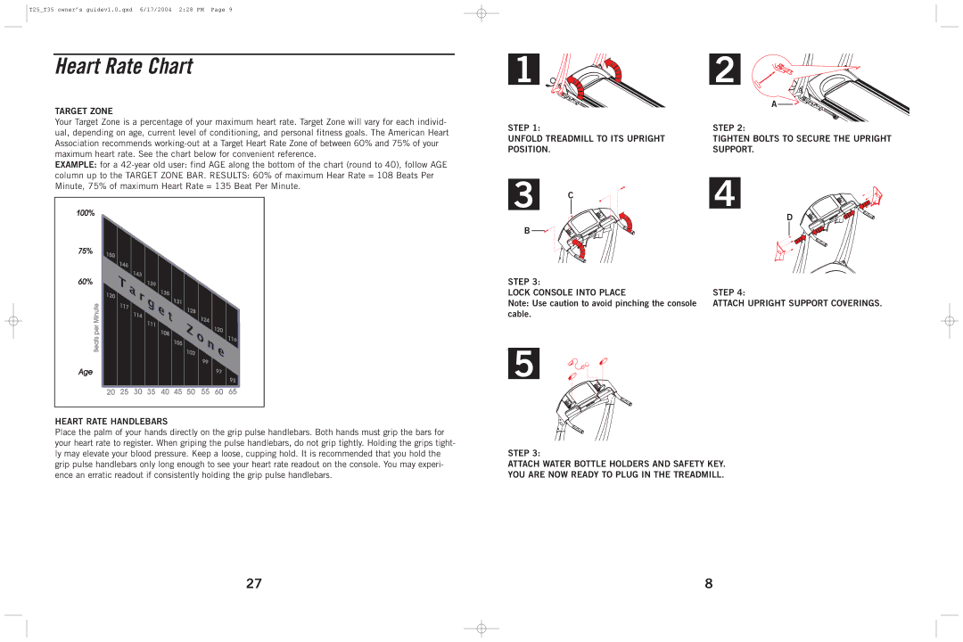 Horizon Fitness T25, T35 manual Heart Rate Chart, Target Zone, Step Lock Console Into Place 