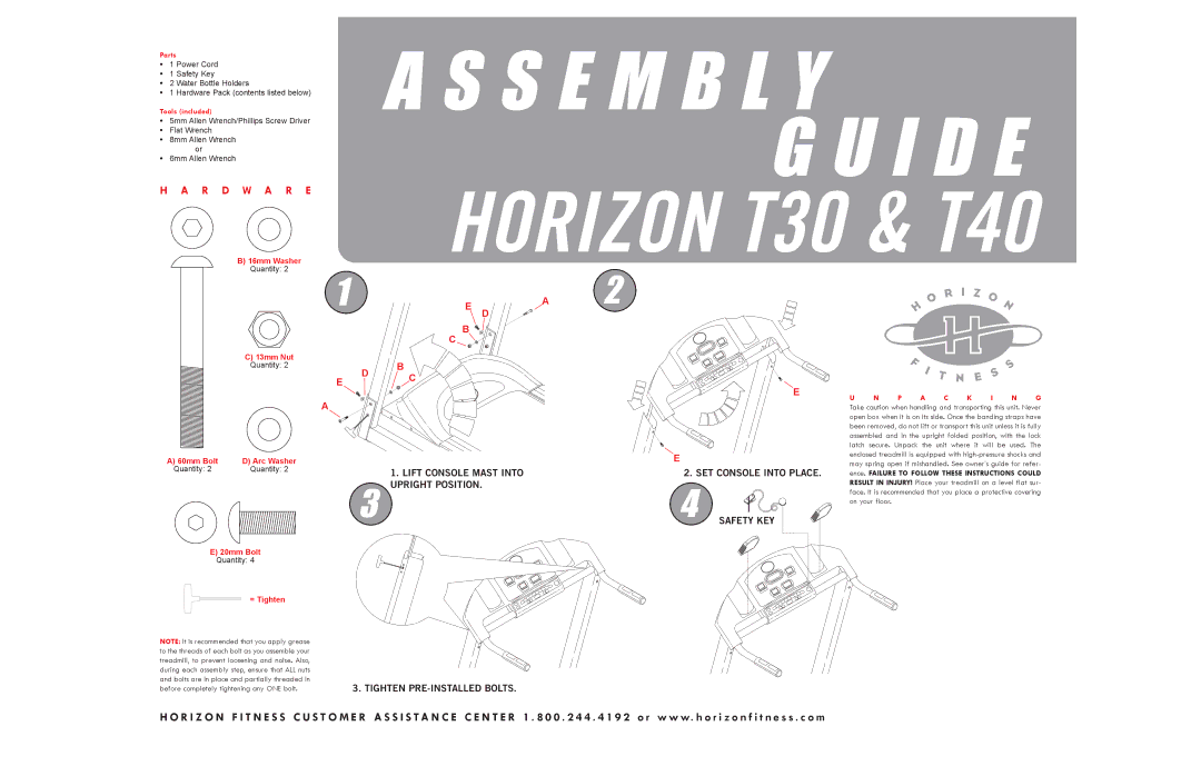 Horizon Fitness manual I D E, S E M B L Y, Horizon T30 & T40 