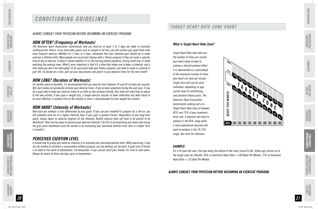 Horizon Fitness T401 manual Conditioning Guidelines, Target Heart Rate Zone Chart, Perceived Exertion Level, Example 