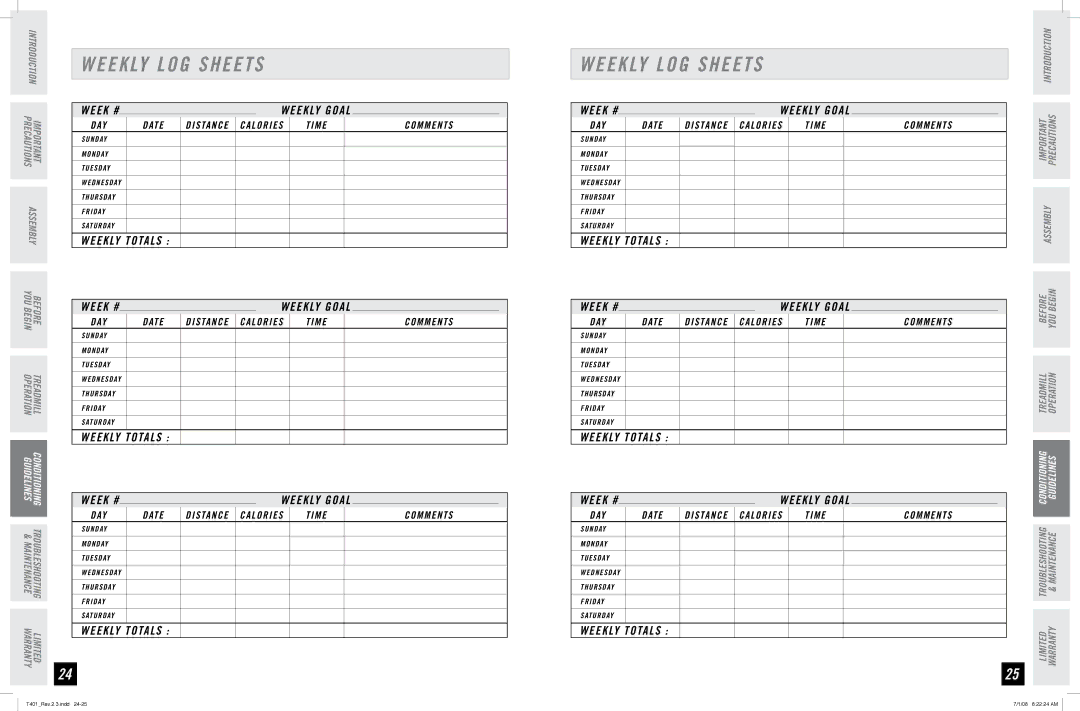 Horizon Fitness T401 manual Weekly LOG Sheets, Week #, Weekly Totals 