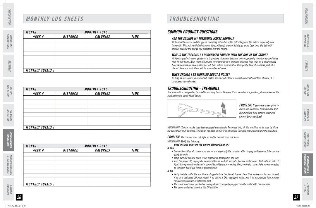 Horizon Fitness T401 manual Monthly LOG Sheets, Common Product Questions, Troubleshooting Treadmill 