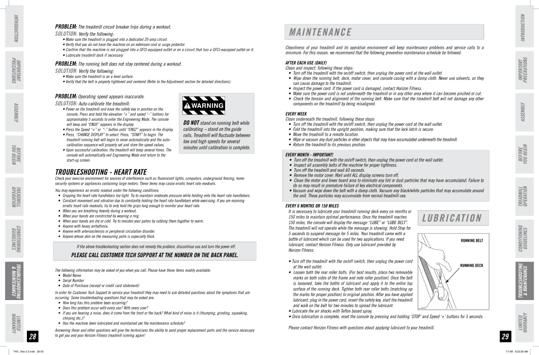 Horizon Fitness T401 manual I N T E N a N C E, B R I C At I O N, Troubleshooting Heart Rate 