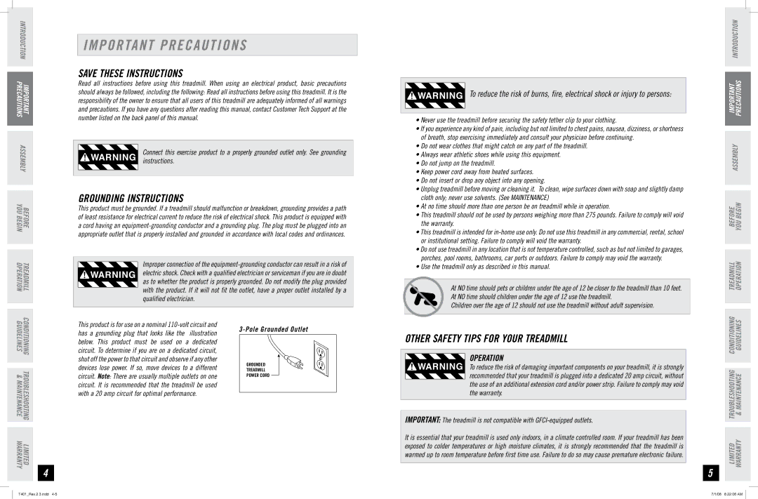 Horizon Fitness T401 manual Important Precautions, Grounding Instructions, Operation 