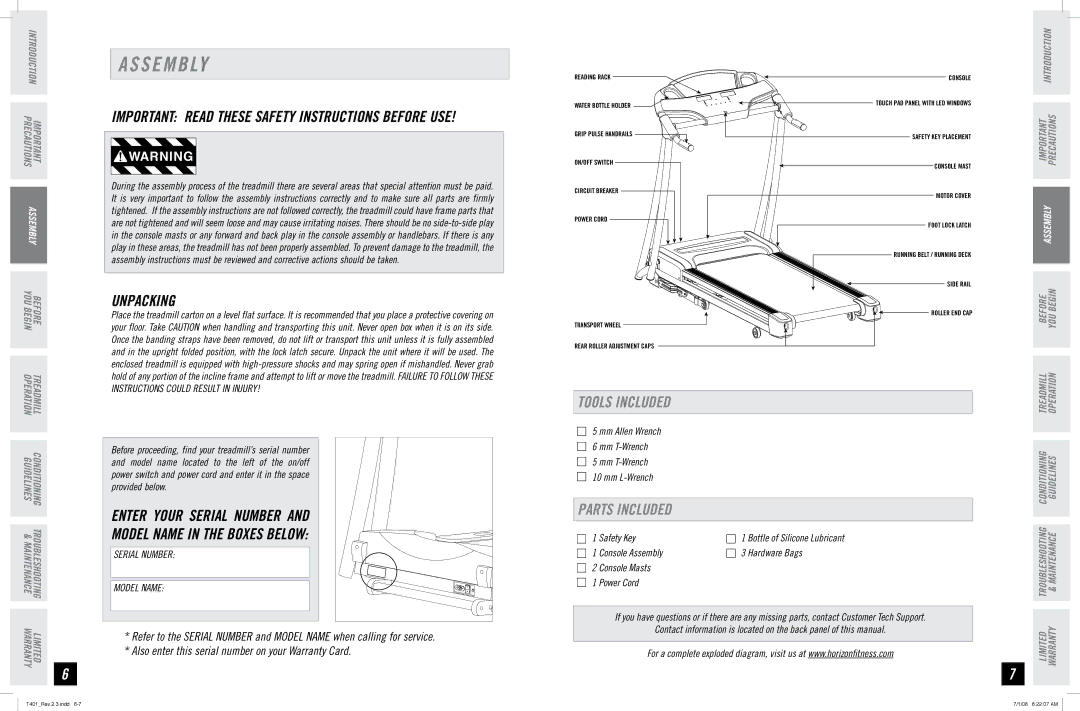 Horizon Fitness T401 manual S E M B Ly, Unpacking, Tools Included, Parts Included 