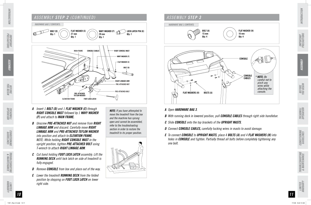 Horizon Fitness T401 Attach to Main Frame, Open Hardware BAG, Slide Console onto the top brackets of the upright masts 