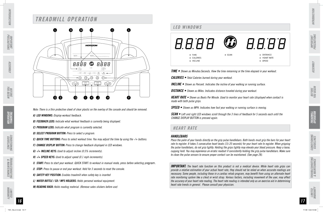 Horizon Fitness T401 manual Treadmill Operation, LED Windows, Heart Rate, Handlebars 