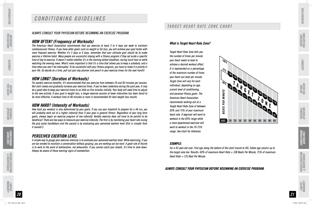 Horizon Fitness T401 Conditioning Guidelines, Target Heart Rate Zone Chart, HOW OFTEN? Frequency of Workouts, Example 