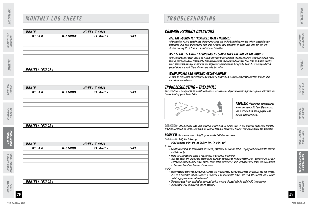 Horizon Fitness T401 Monthly Log Sheets, Common Product Questions, Troubleshooting - Treadmill, Distance, Calories 