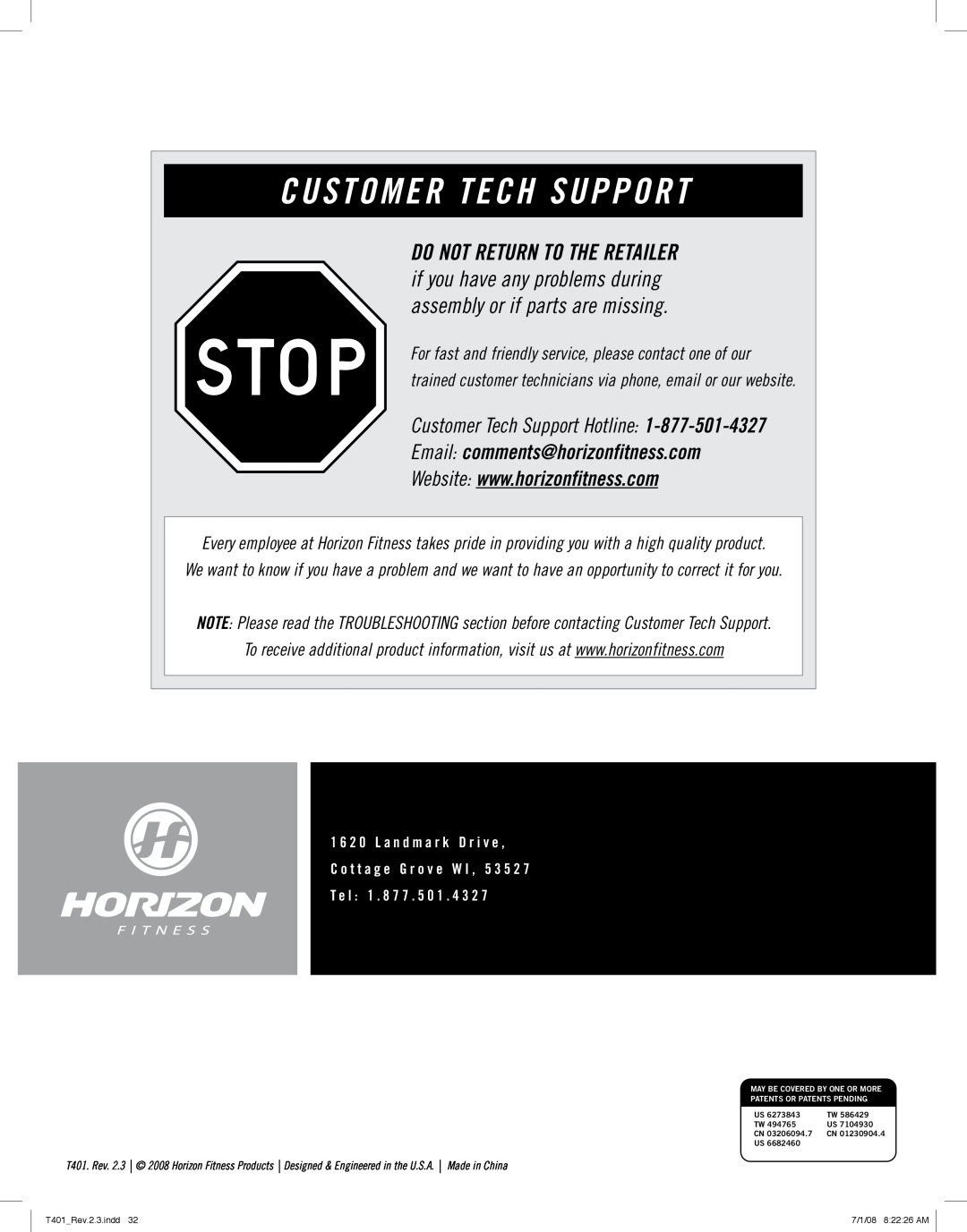 Horizon Fitness T401 manual Customer Tech Support Hotline Email comments@horizonfitness.com 