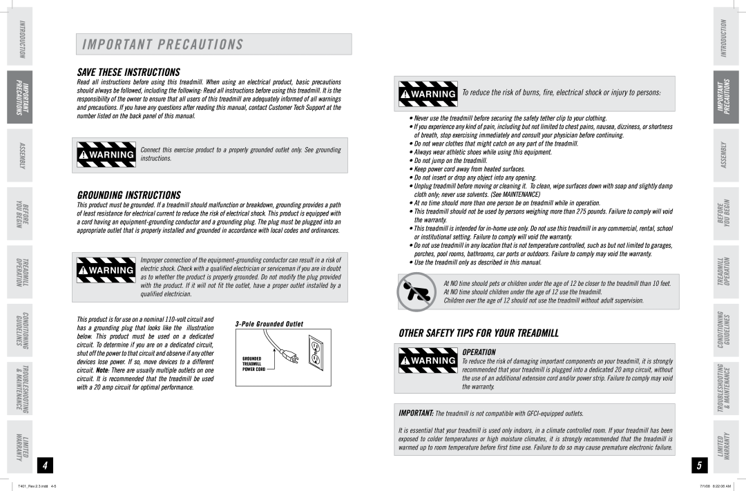 Horizon Fitness T401 manual Important Precautions, Save These Instructions, Grounding Instructions, Operation, Assembly 