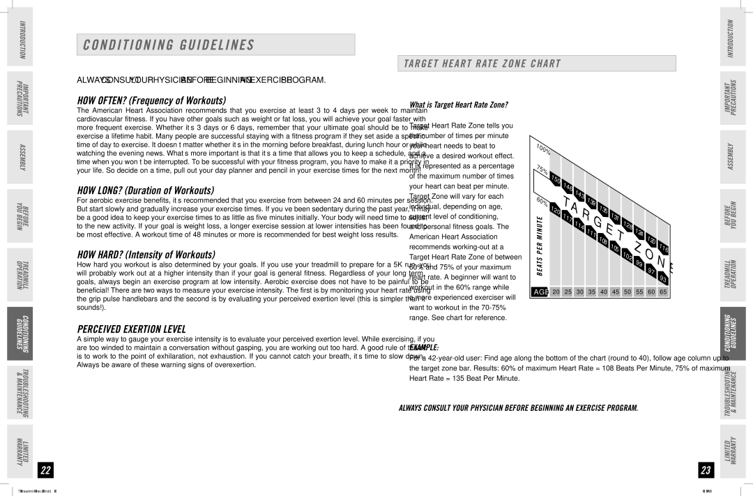 Horizon Fitness T500 manual Conditioning Guidelines, Target Heart Rate Zone Chart, Perceived Exertion Level, Example 