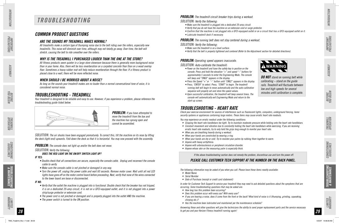 Horizon Fitness T500 manual Common Product Questions, Troubleshooting Treadmill, Troubleshooting Heart Rate 