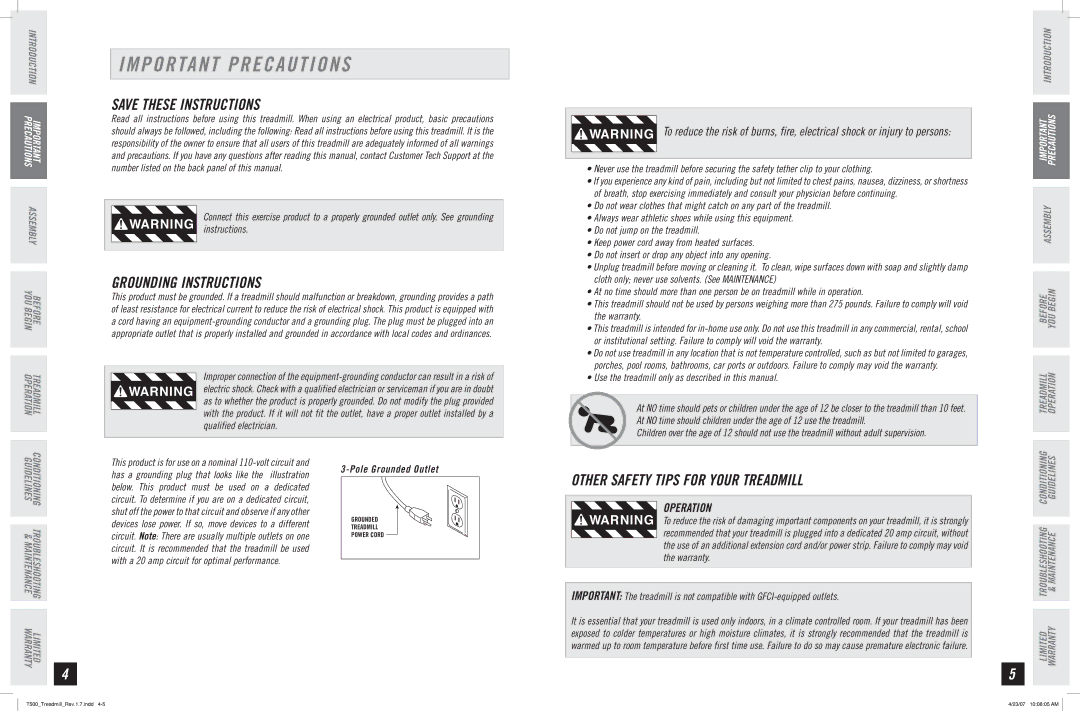 Horizon Fitness T500 manual Important Precautions, Grounding Instructions, Operation 