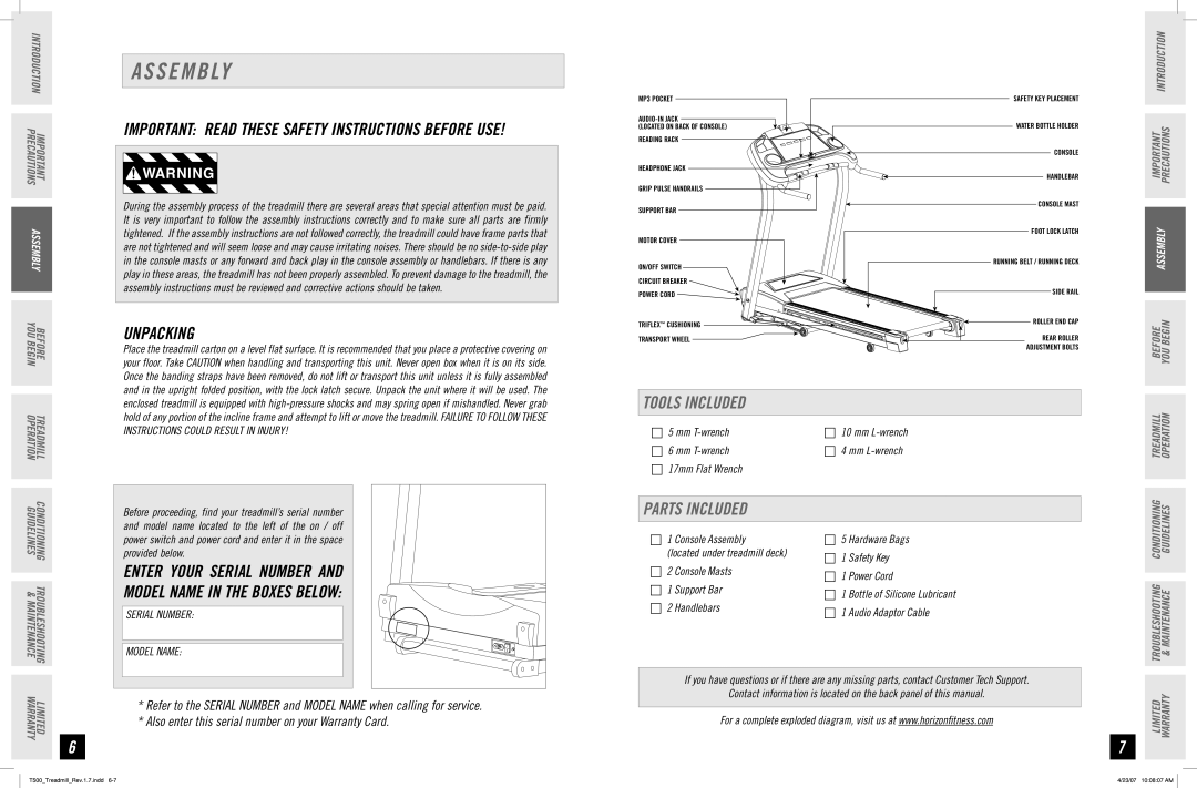 Horizon Fitness T500 manual S E M B Ly, Unpacking, Tools Included, Parts Included 