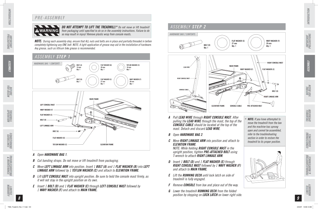 Horizon Fitness T500 manual Open Hardware BAG, It will not stay in the upright position on its own, Elevation Frame 