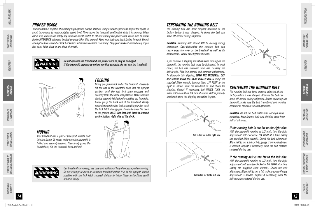 Horizon Fitness T500 manual Proper Usage, Folding, Moving 