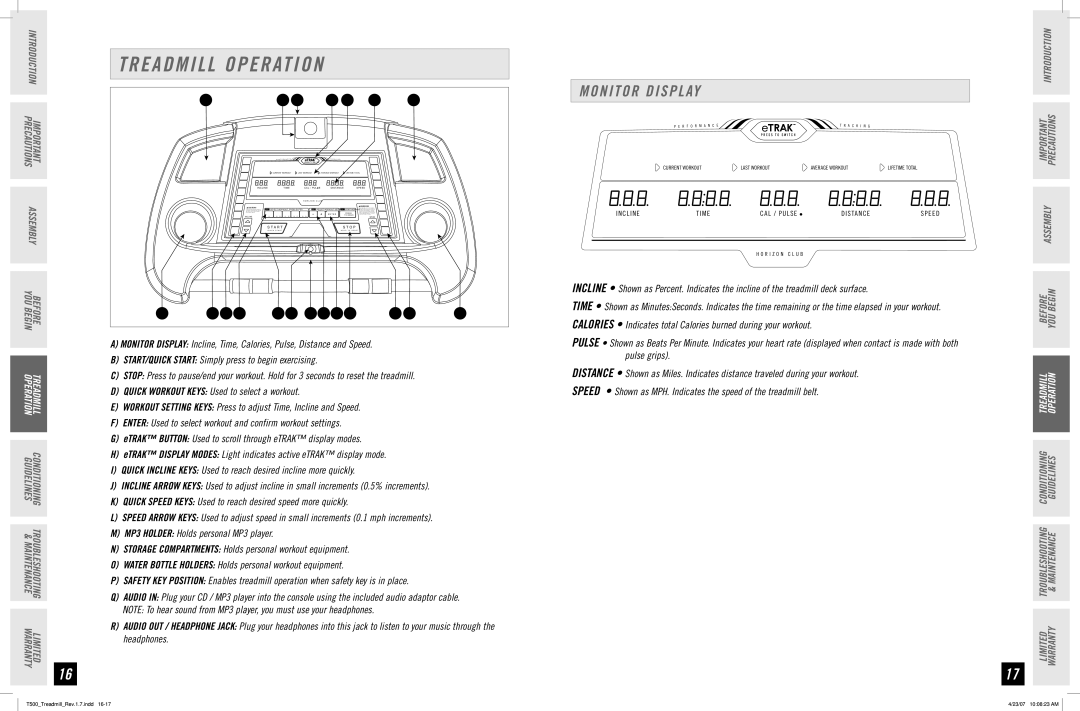 Horizon Fitness T500 manual Treadmill Operation, Monitor Display 