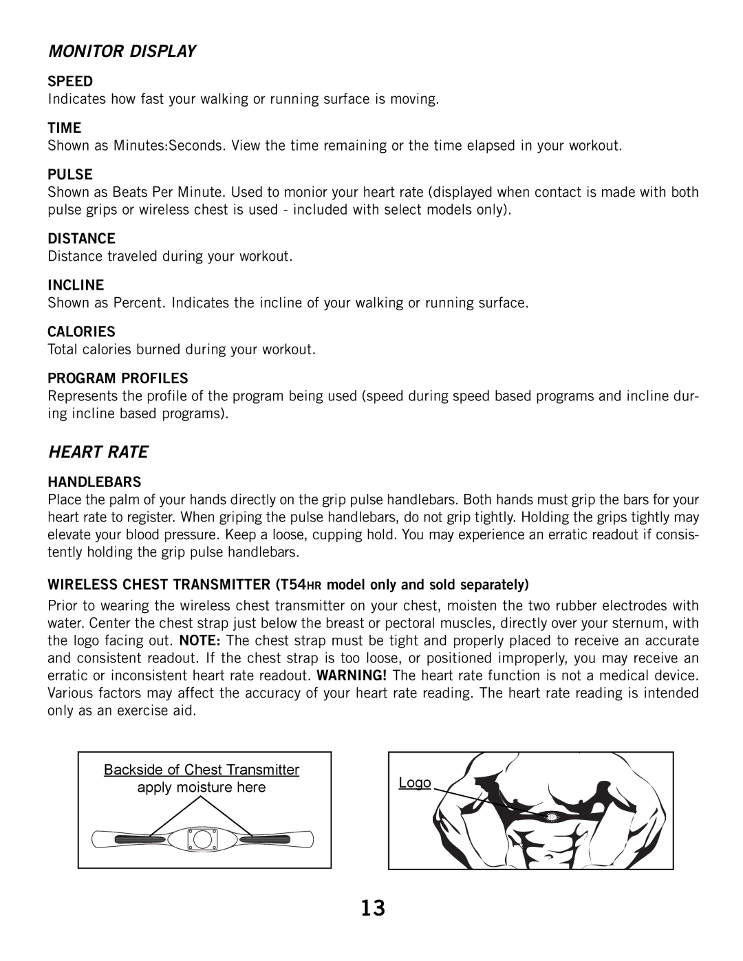 Horizon Fitness T53, T52, T51 manual Speed, Time, Pulse, Distance, Incline, Calories, Program Profiles, Handlebars 