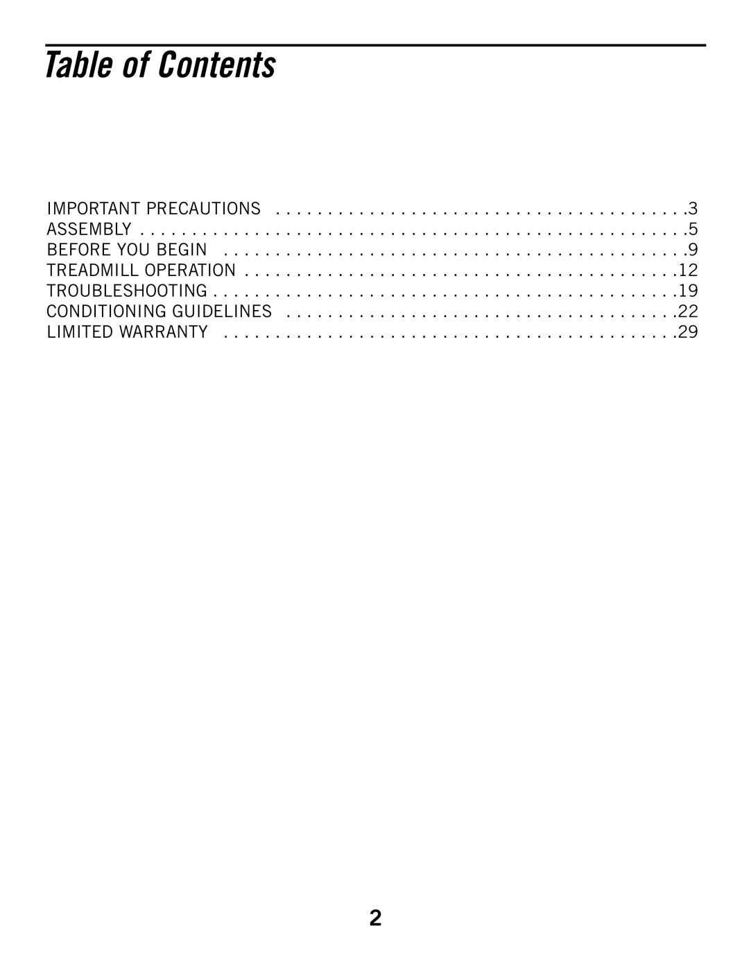 Horizon Fitness T51, T52, T53 manual Table of Contents 