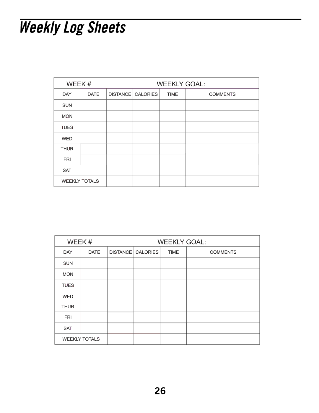 Horizon Fitness T51, T52, T53 manual Weekly Log Sheets 