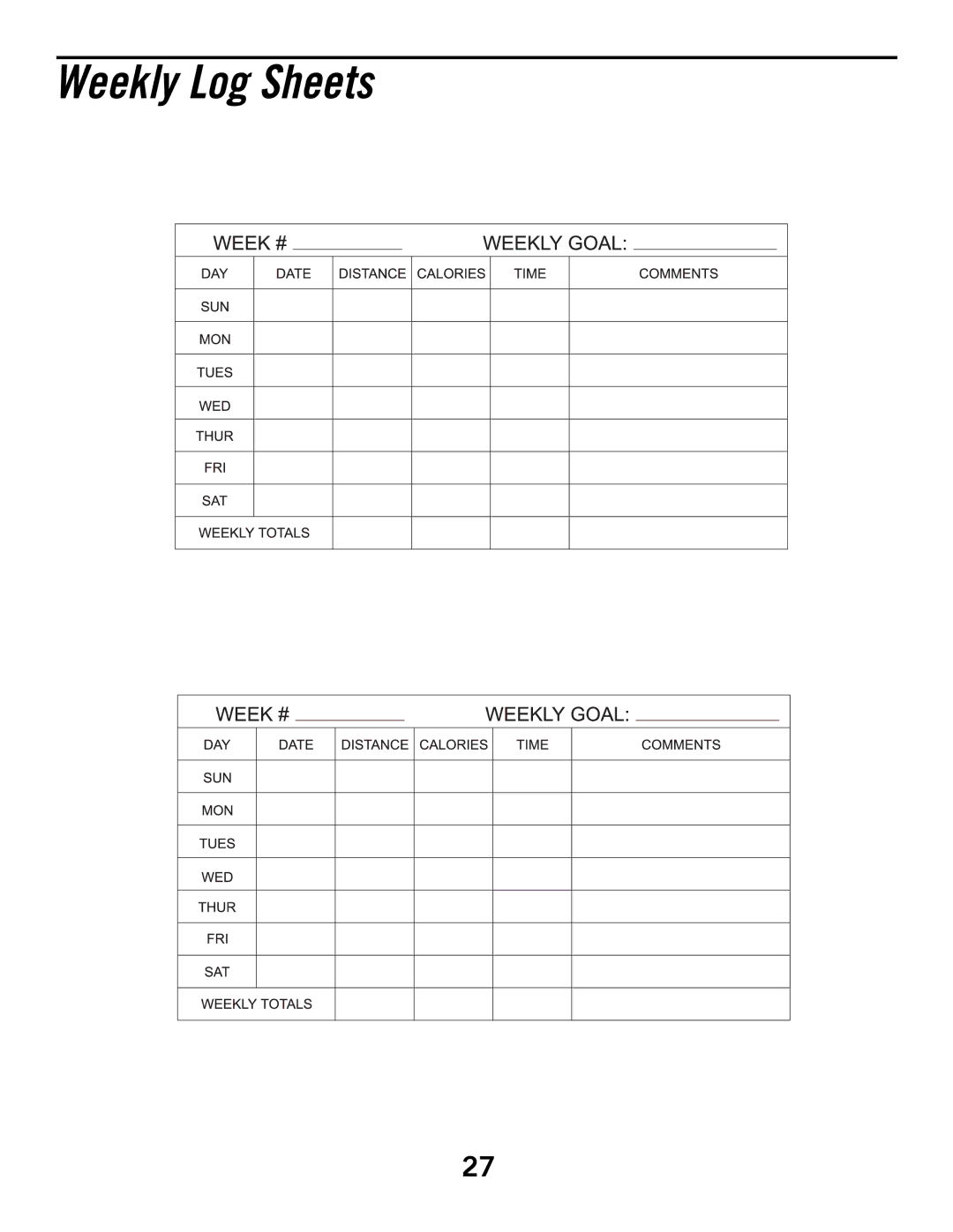 Horizon Fitness T52, T53, T51 manual Weekly Log Sheets 