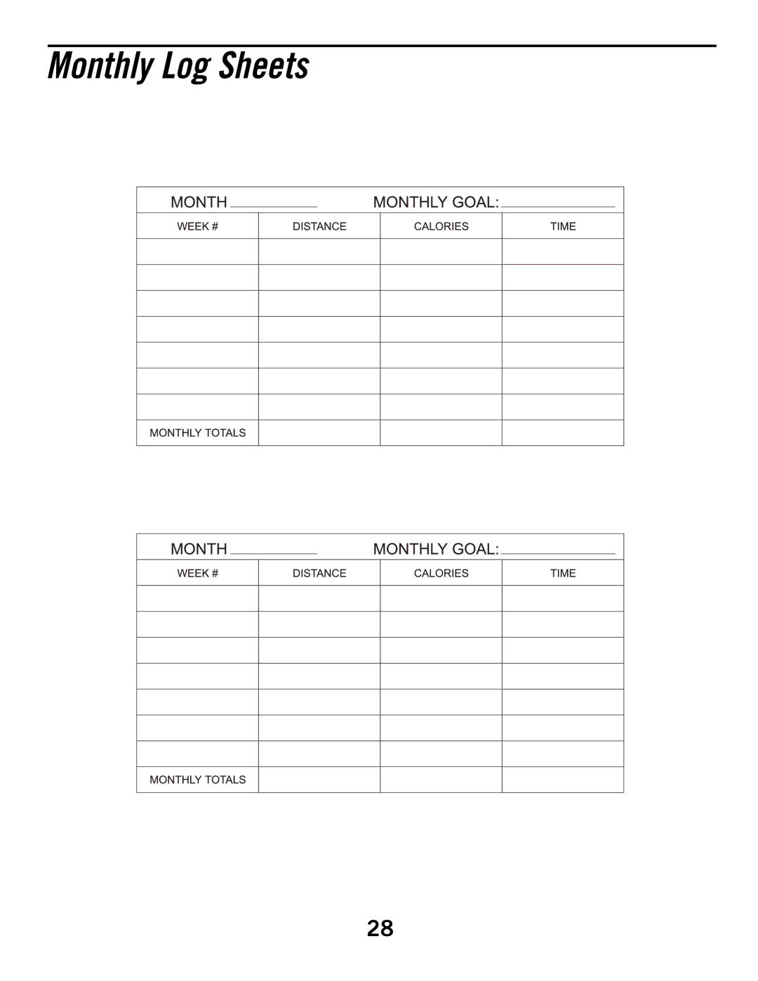 Horizon Fitness T53, T52, T51 manual Monthly Log Sheets 