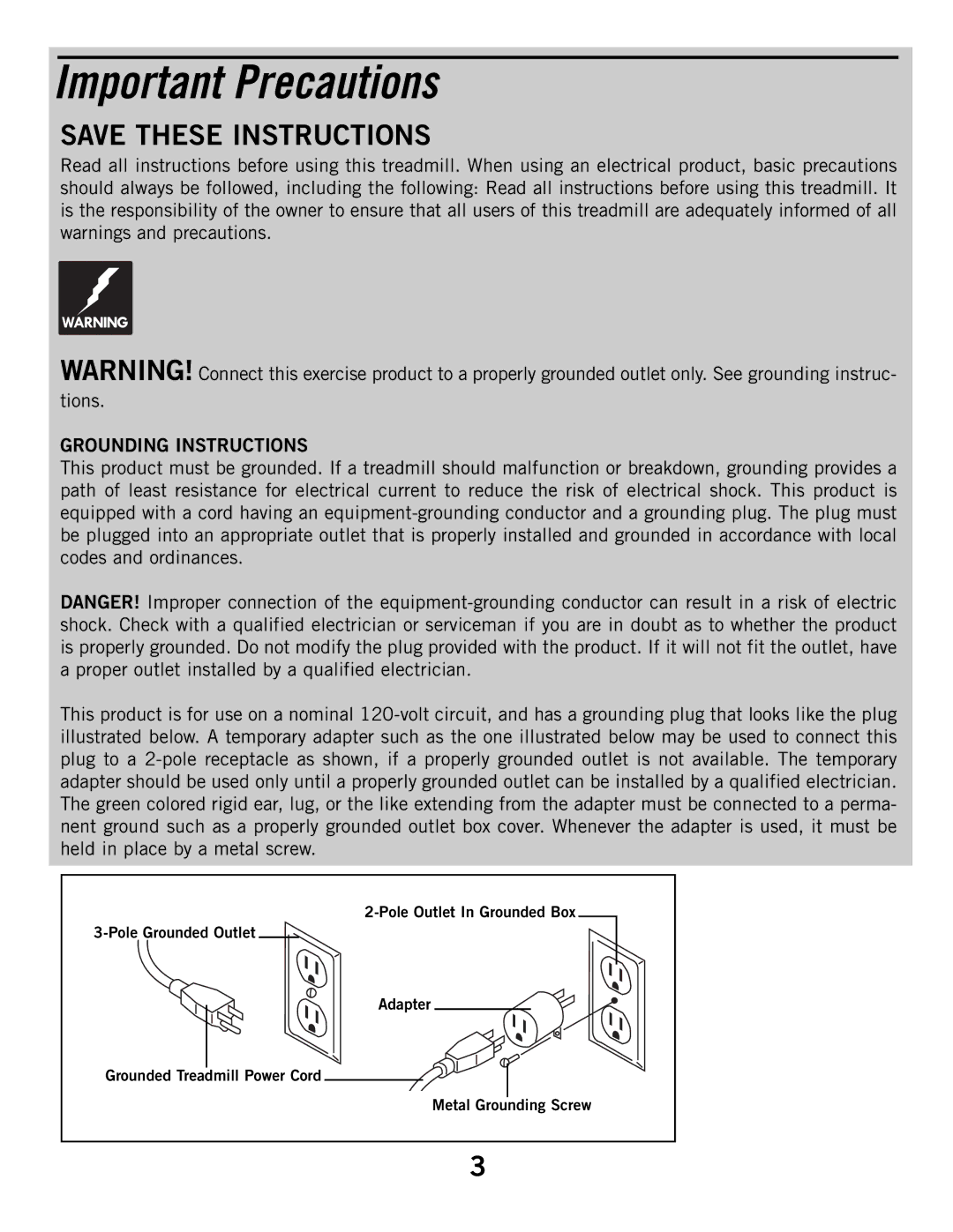 Horizon Fitness T52, T53, T51 manual Important Precautions, Grounding Instructions 