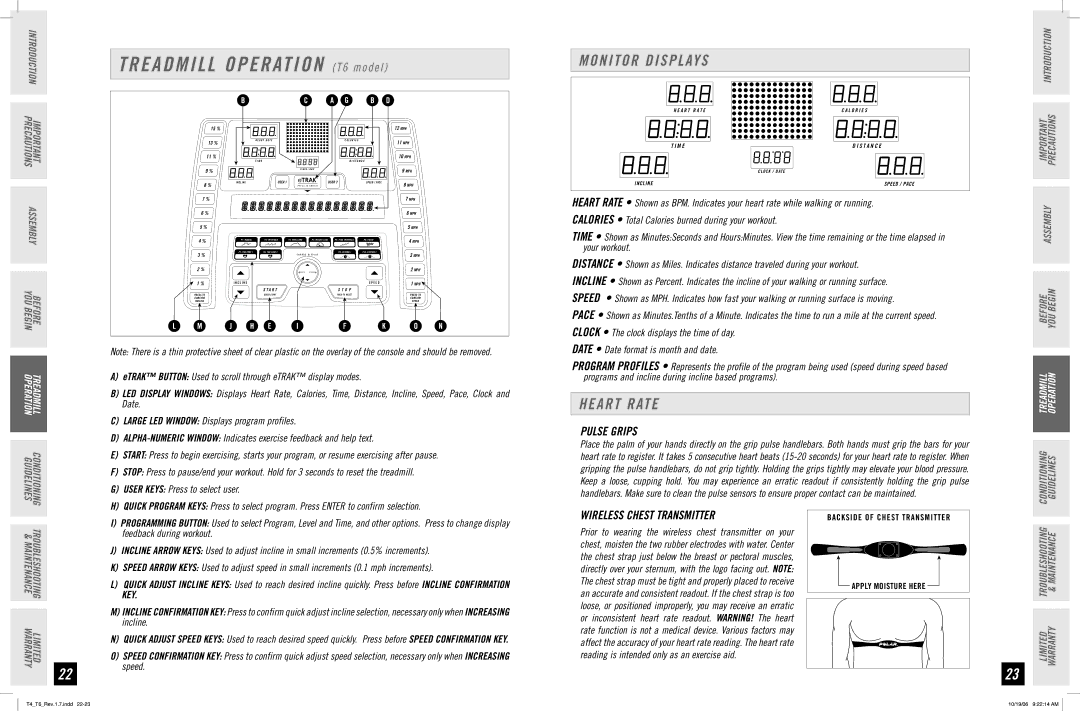 Horizon Fitness T4 manual Treadmill Operation T6 model, Wireless Chest Transmitter 