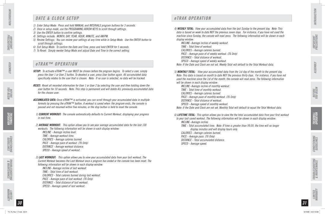 Horizon Fitness T6, T4 manual Date & Clock Setup, Et r a k operation 