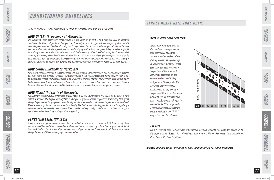 Horizon Fitness T4, T6 manual Conditioning Guidelines, Target Heart Rate Zone Chart, Perceived Exertion Level, Example 