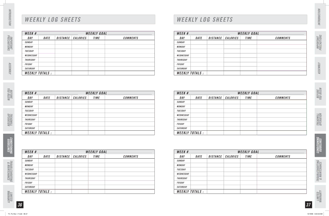 Horizon Fitness T4, T6 manual Weekly LOG Sheets, Week #, Weekly Totals 