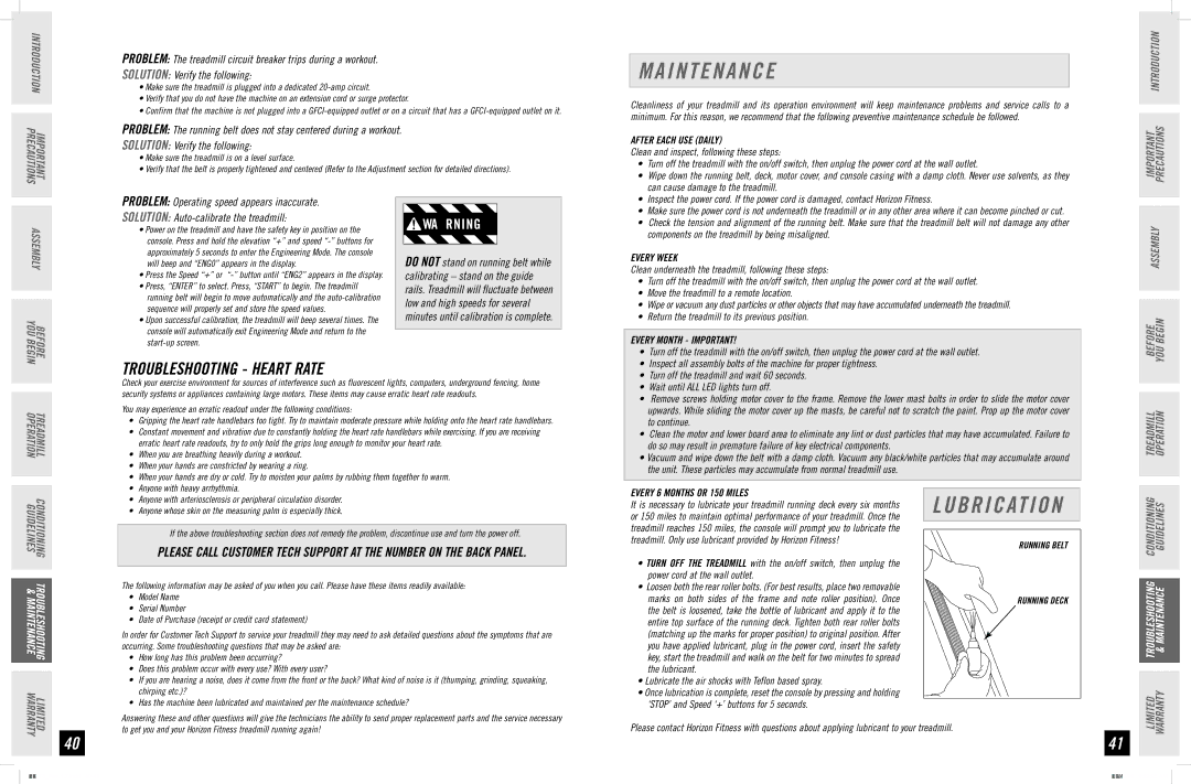 Horizon Fitness T4, T6 manual I N T E N a N C E, Troubleshooting Heart Rate 