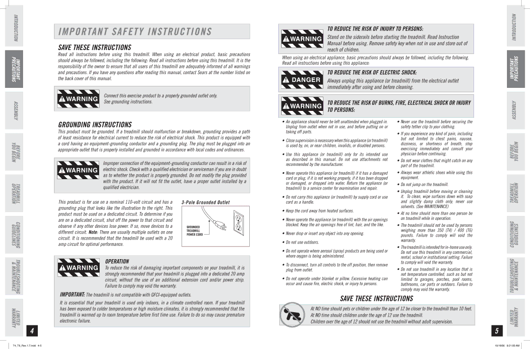 Horizon Fitness T4, T6 manual Important Safety Instructions, Grounding Instructions, Operation 