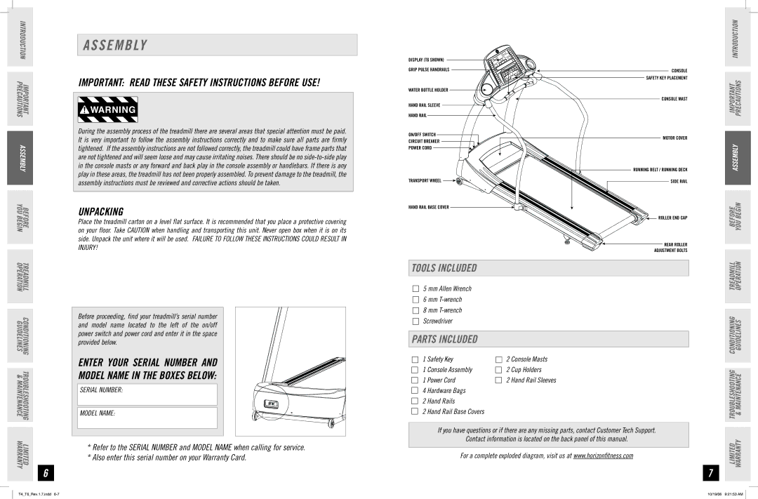 Horizon Fitness T6, T4 manual S E M B Ly, Unpacking, Tools Included, Parts Included 
