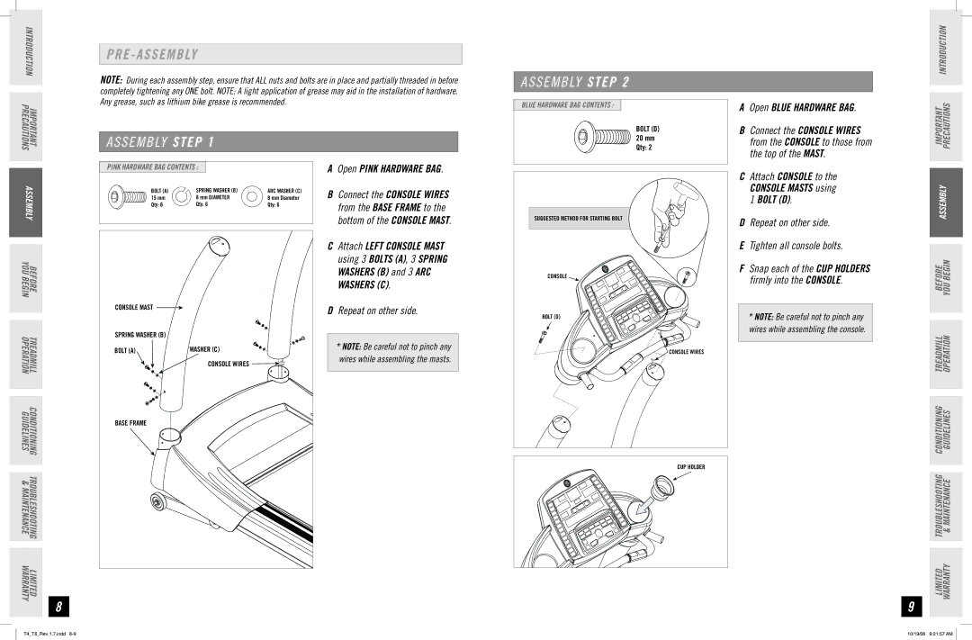 Horizon Fitness T4, T6 manual S E M B LY Step, Top of the Mast, Open Pink Hardware BAG, Repeat on other side 