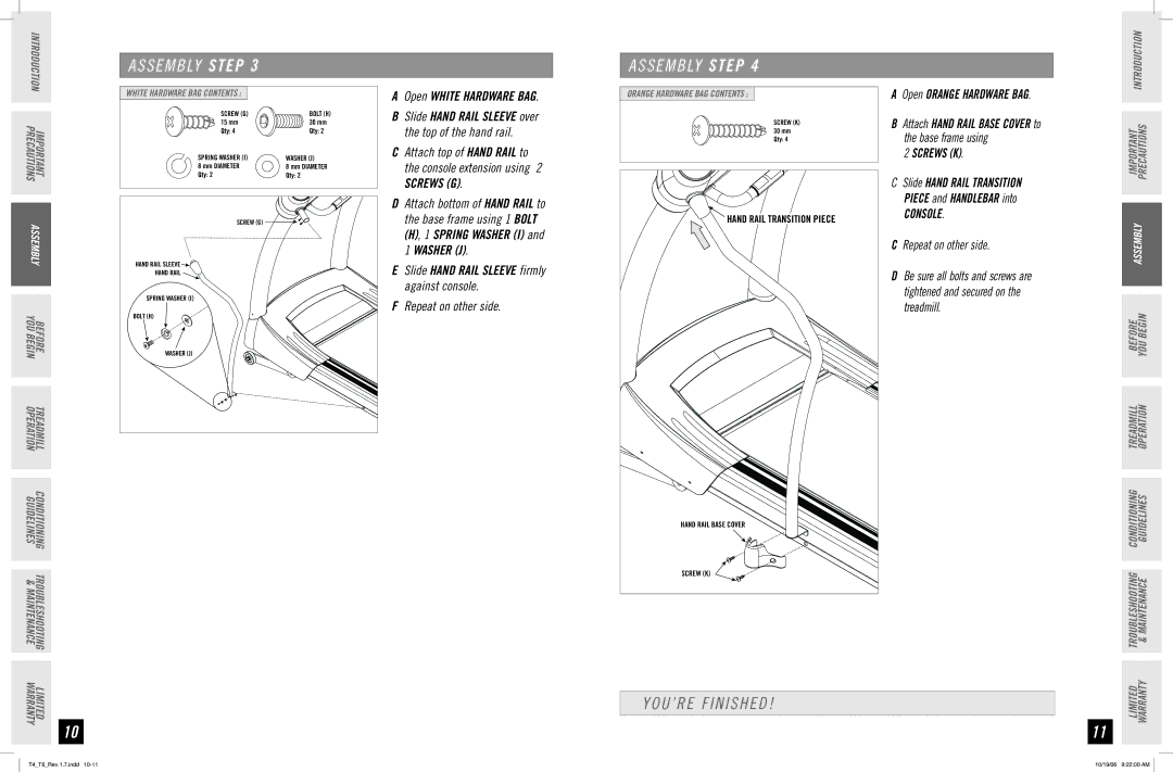 Horizon Fitness T6, T4 manual S E M B LY Step Assembly Step, YOU’RE Finished, Screws K, Console 