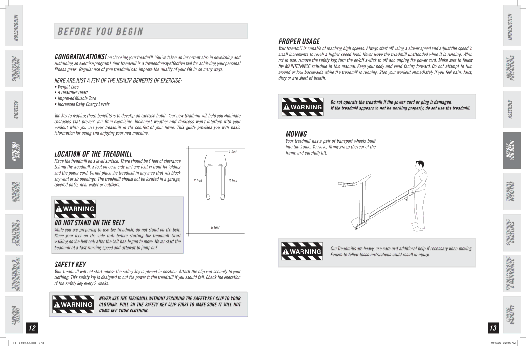 Horizon Fitness T4, T6 manual Before YOU Begin, Location of the Treadmill, Safety KEY, Proper Usage, Moving 