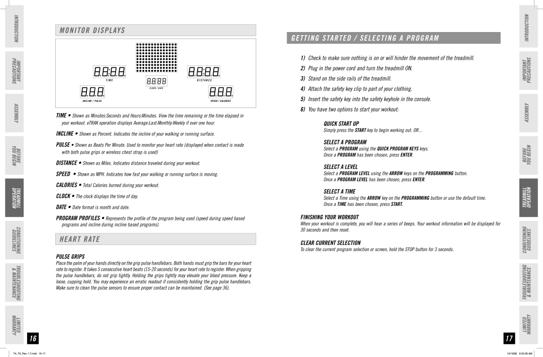 Horizon Fitness T4, T6 manual Monitor Displays, Heart Rate, Getting Started / Selecting a Program 