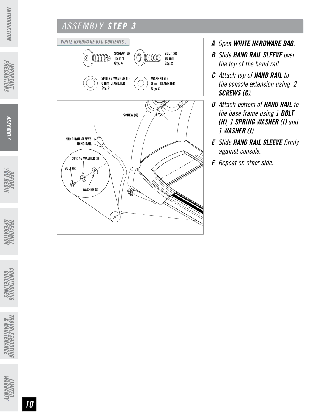 Horizon Fitness T6, T4 manual Spring Washer I and 1 Washer J 