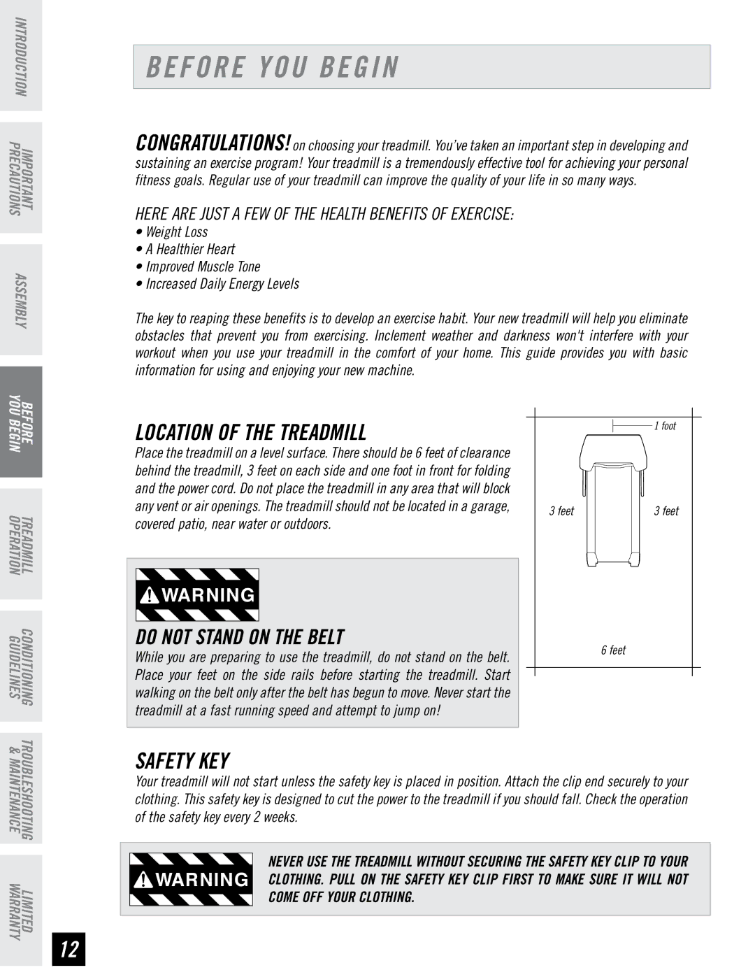 Horizon Fitness T6, T4 manual Before YOU Begin, Location of the Treadmill, Safety KEY 