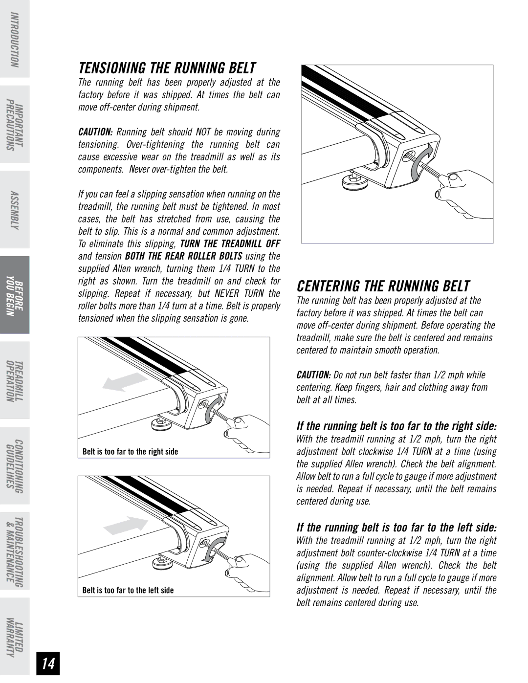 Horizon Fitness T6, T4 manual Centering the Running Belt 