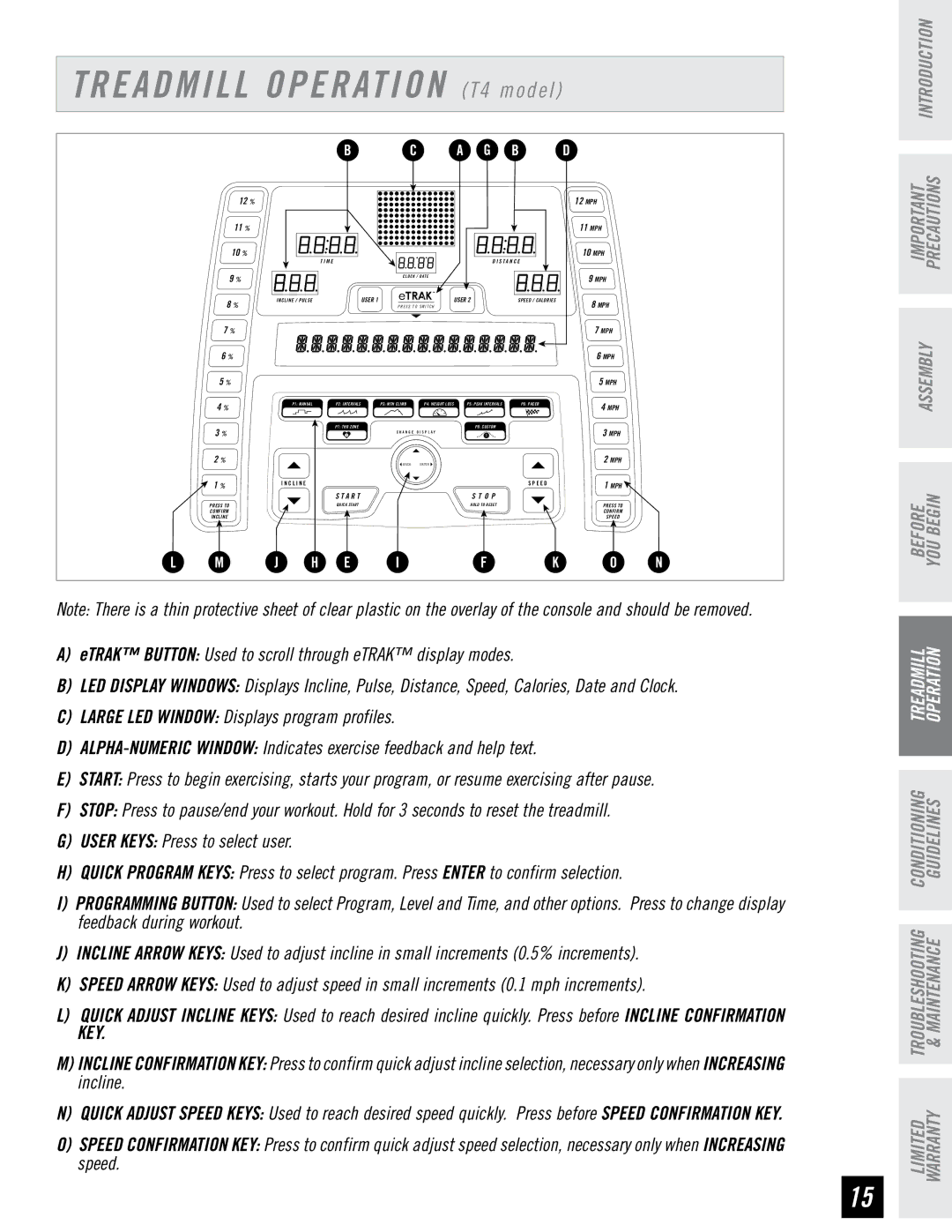 Horizon Fitness T6 manual Treadmill Operation T4 model 