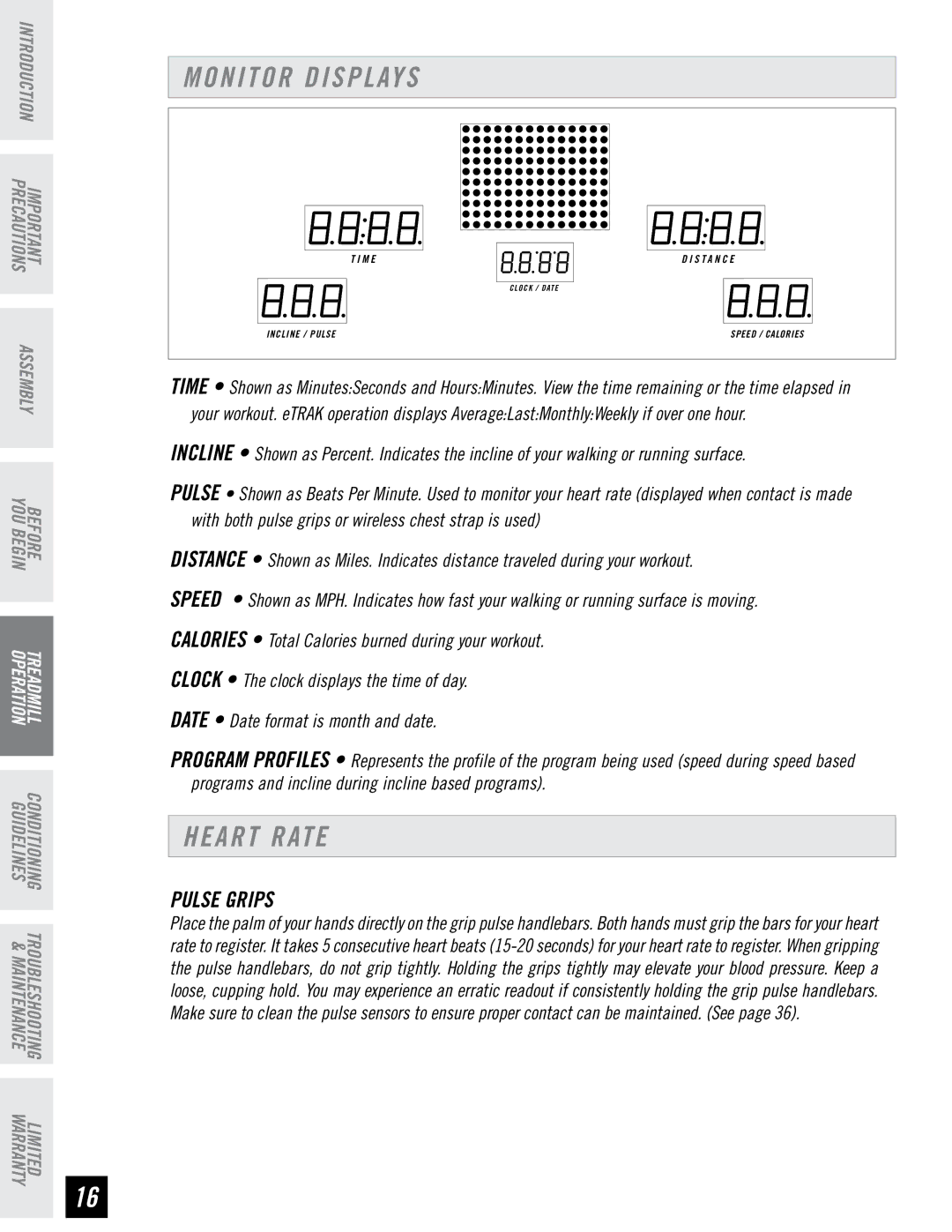 Horizon Fitness T6, T4 manual Monitor Displays, Heart Rate, Pulse Grips 