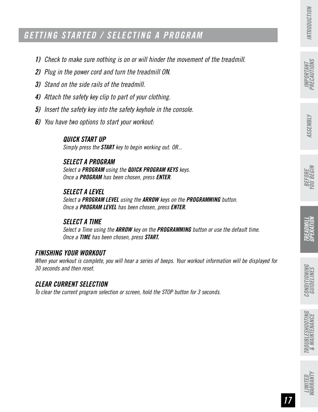 Horizon Fitness T4, T6 Select a PROgram, Select a Level, Select a Time, Finishing Your Workout, Clear Current Selection 