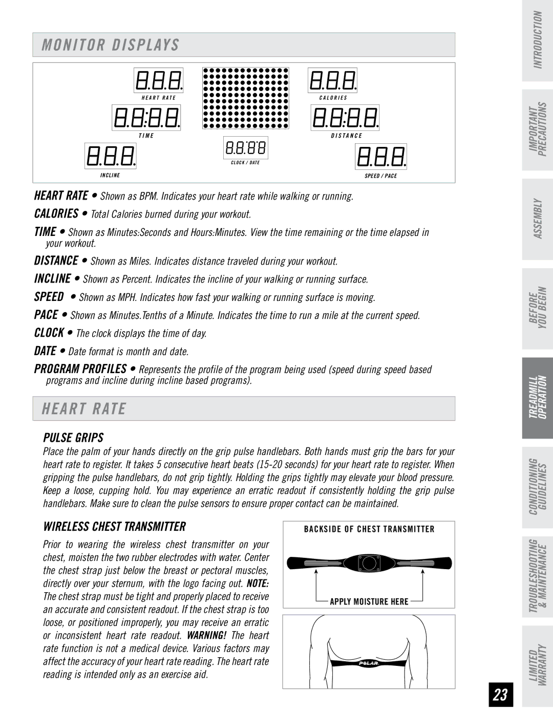 Horizon Fitness T4, T6 manual Monitor Displays, Wireless Chest Transmitter 