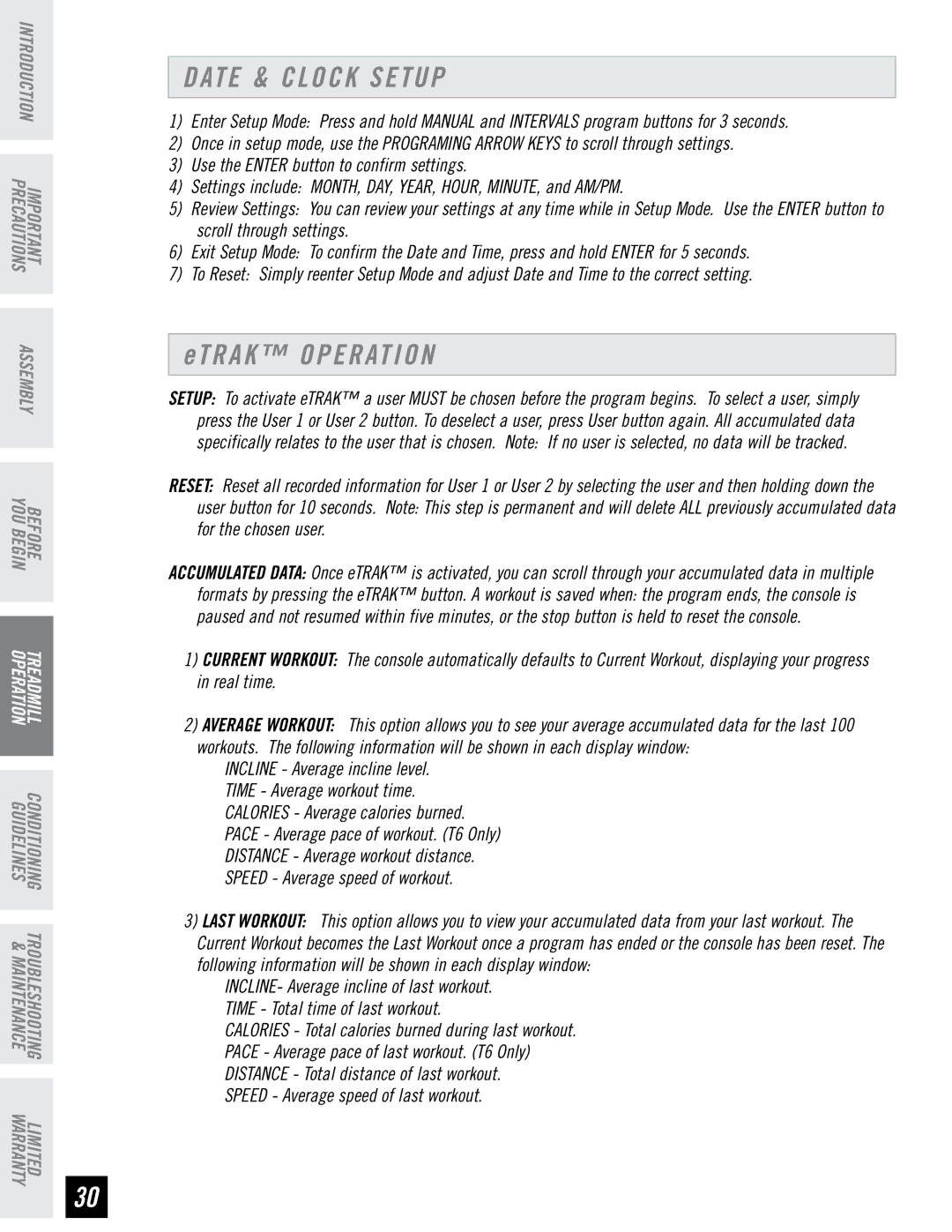 Horizon Fitness T6, T4 manual Date & Clock Setup, Et r a k operation 