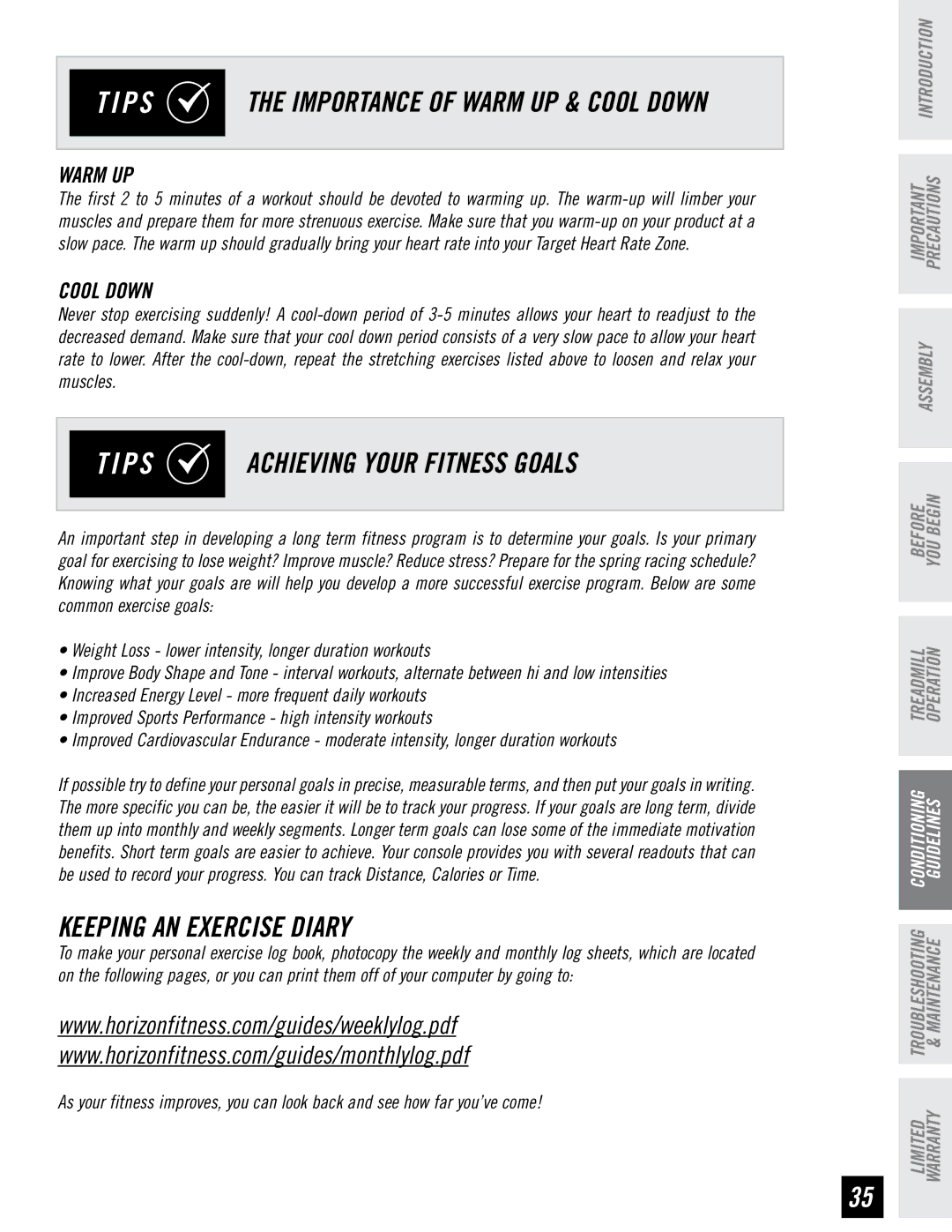 Horizon Fitness T4 P S the Importance of Warm UP & Cool Down, P S Achieving Your Fitness Goals, Keeping AN Exercise Diary 