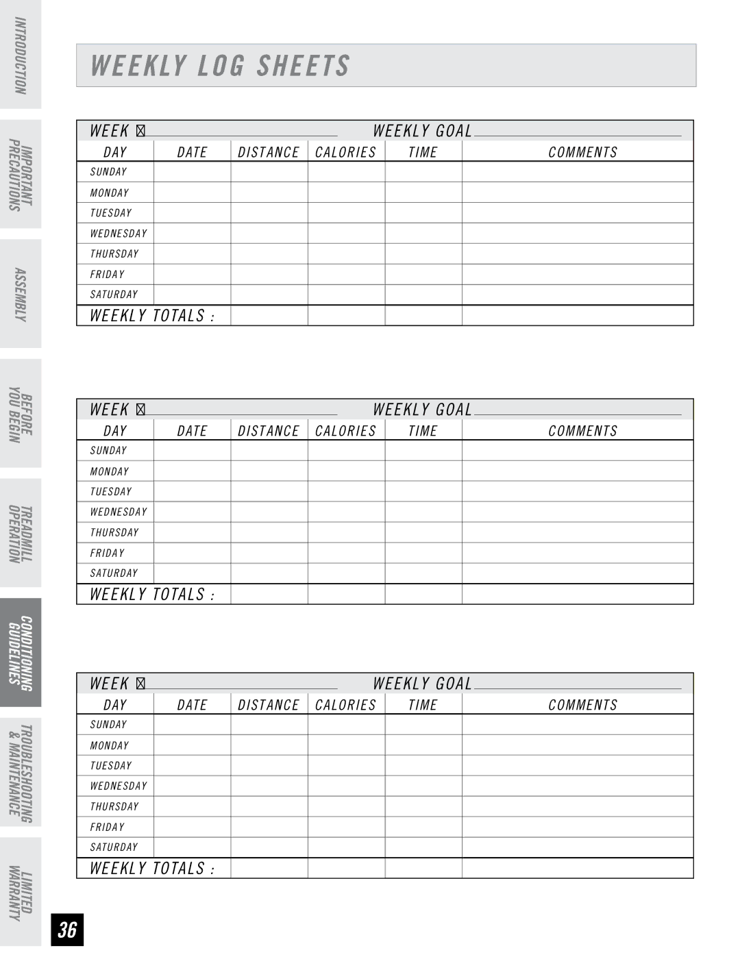 Horizon Fitness T6, T4 manual Weekly LOG Sheets, Weekly Totals 