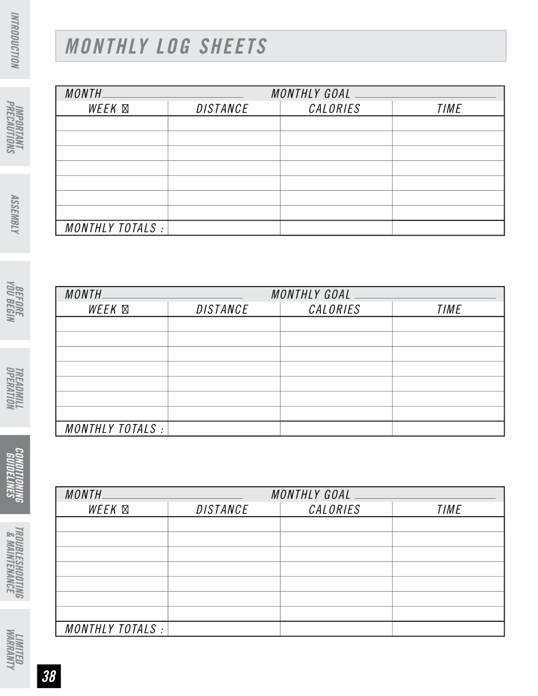 Horizon Fitness T6, T4 manual Monthly LOG Sheets, Week # Distance Calories Time Monthly Totals 